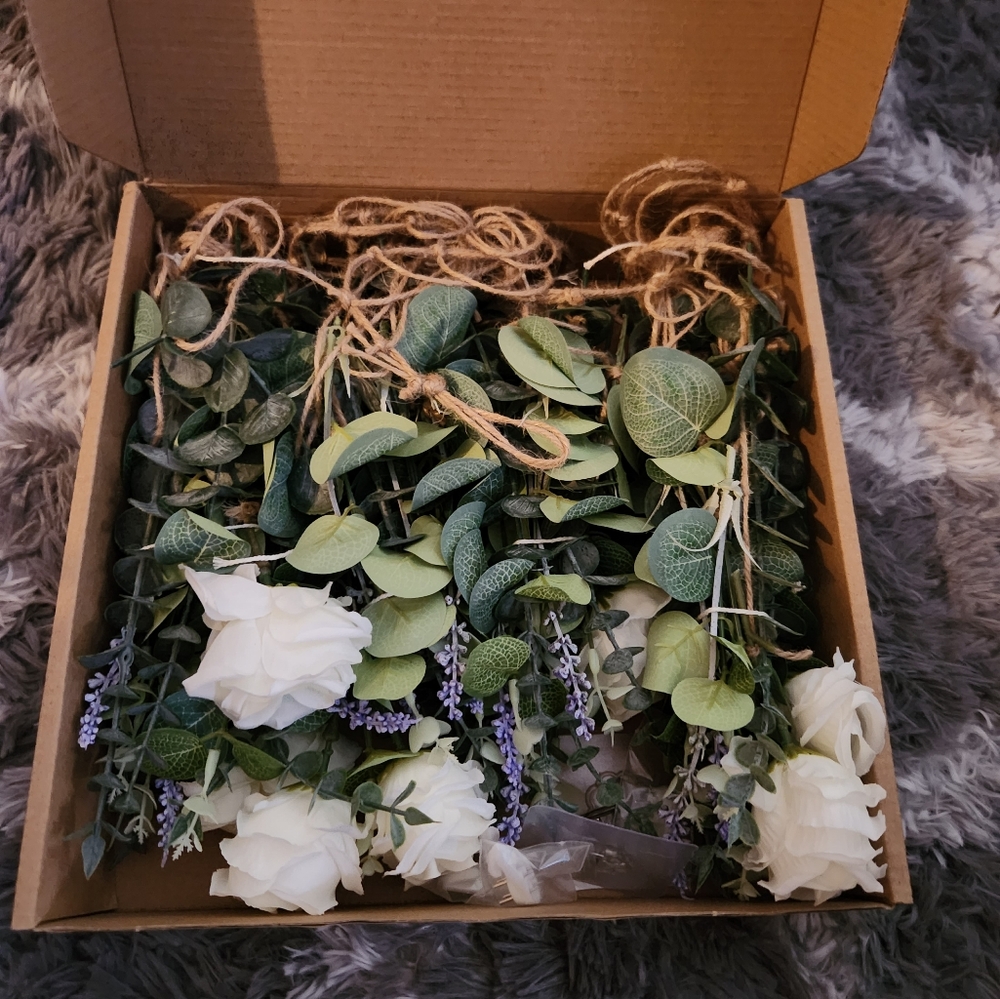 New String fake eucalyptus, white rose, lavender,  garland/centerpiece